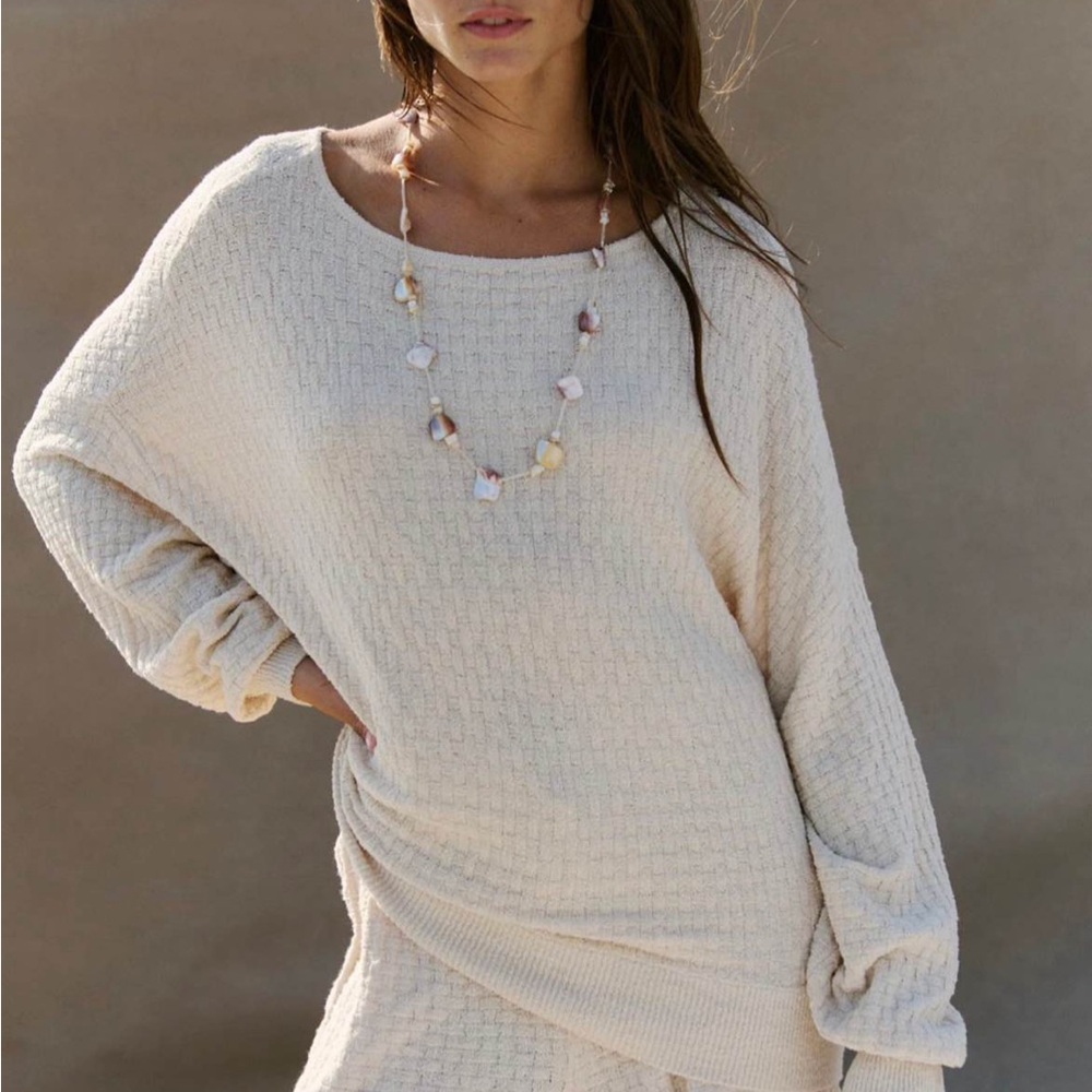Free People Cream Waffle Knit Oversized Sweater and short set